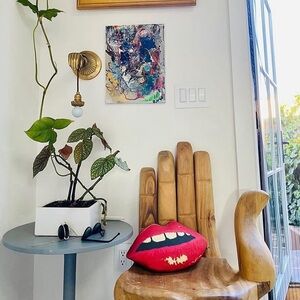 Red Lip-Shaped Decorative Pillow with Tooth Motif